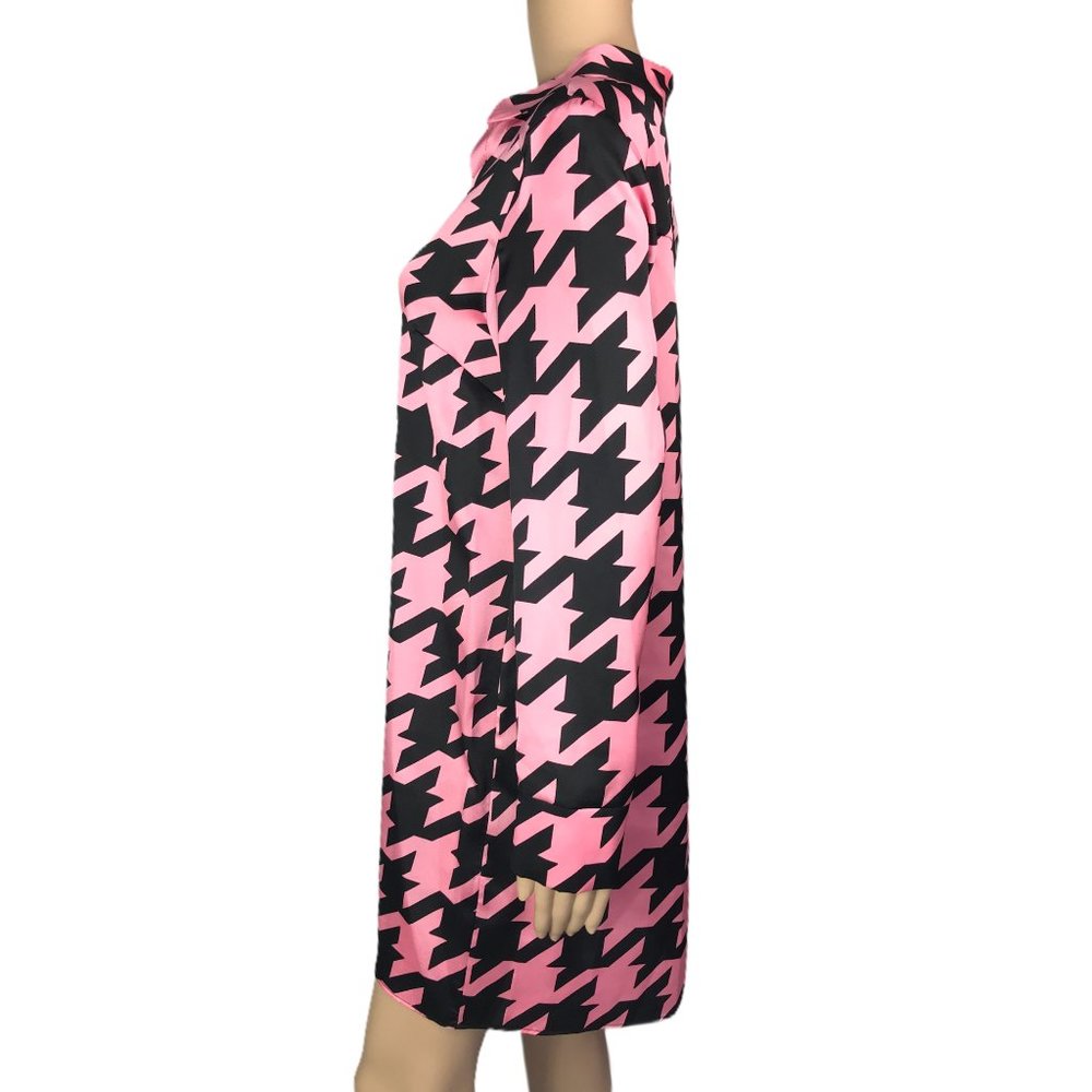 River Island Ladies Mini Dogtooth Check Swing Dress Size 10 Pink Long Sleeve - Picture 2 of 8